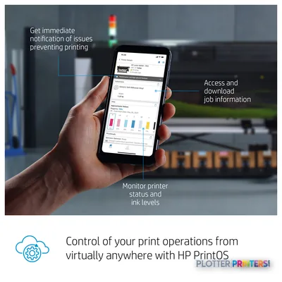 HP Latex 700 W Printer feature callout showing mobile app interface with printer monitoring and job management controls