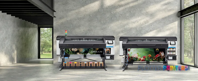 HP Latex 700 W Printer lifestyle image showing two large-format printers displaying vibrant floral prints in a modern studio…