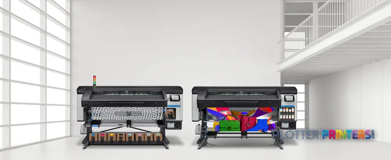 HP Latex 700 W Printer lifestyle image showing two large-format printers in a modern studio workspace