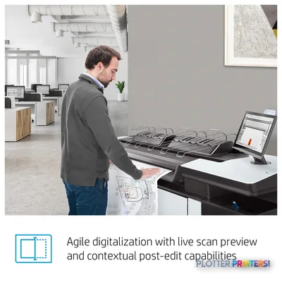 HP PageWide XL 4200 40-in Printer with Top Stacker annotated view showing output stacker with printed documents