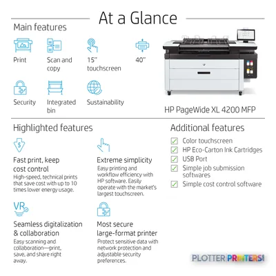 HP PageWide XL 4200 printer with top stacker annotated view showing main features and specifications