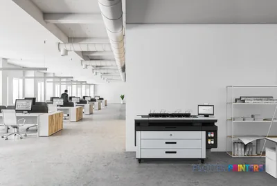 HP PageWide XL 4200 Printer lifestyle image showing grey and white printer with stacker in modern office