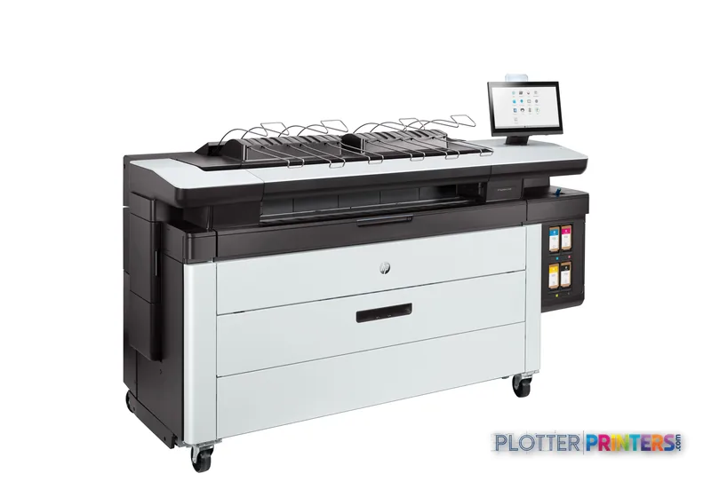 HP PageWide XL 4200 front-right view showing grey and white printer with top stacker and control panel