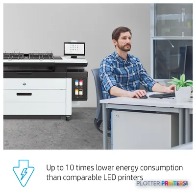 HP PageWide XL 5200 40-in Printer annotated view showing the grey and white printer in an office setting with a user at a de…