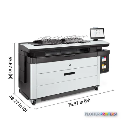 HP PageWide XL 5200 40-in Printer annotated view showing grey and white large-format printer with control panel and touchscr…