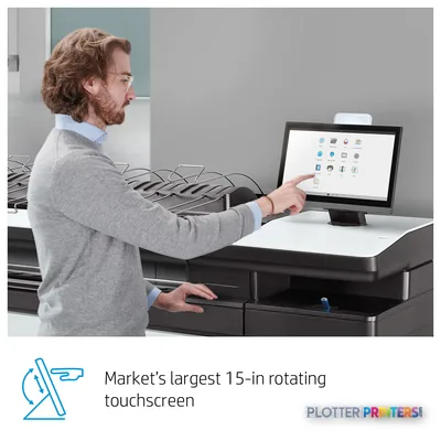 HP PageWide XL 5200 printer with annotated touchscreen feature showing user interface icons