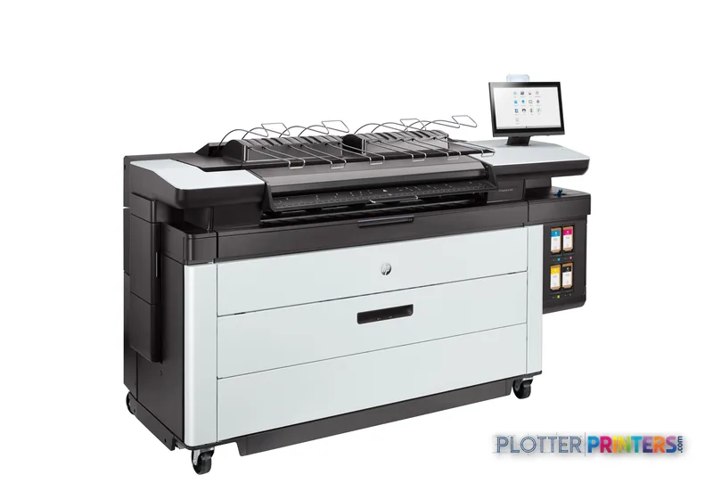 HP PageWide XL 5200 40-in Printer front-right view showing grey and white inkjet printer with output tray and control panel