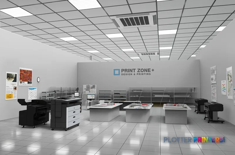 HP PageWide XL 5200 40-in Printer lifestyle image showing the grey and white printer in a professional print shop environment