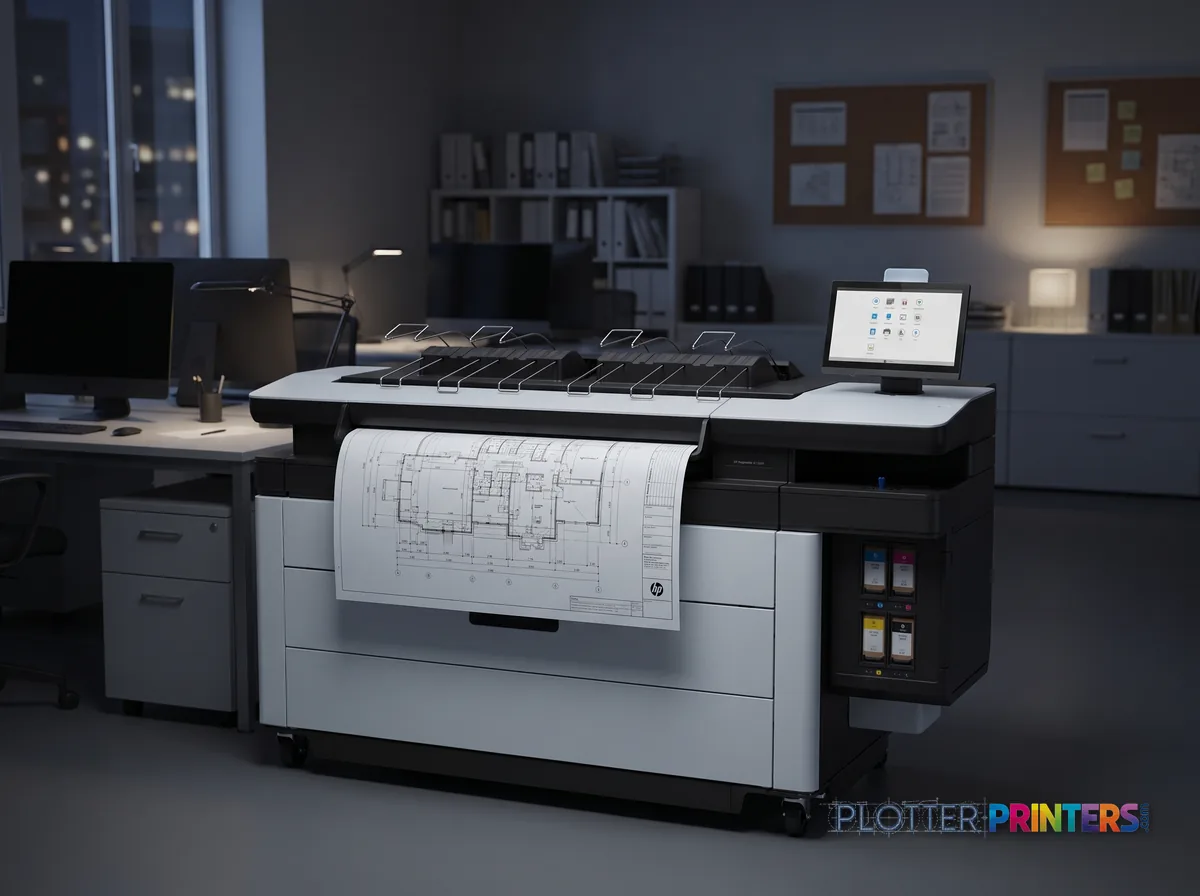 HP PageWide XL 5200 Printer in an engineering office with a technical drawing at its print slot (staged scene from manufacturer product photography)