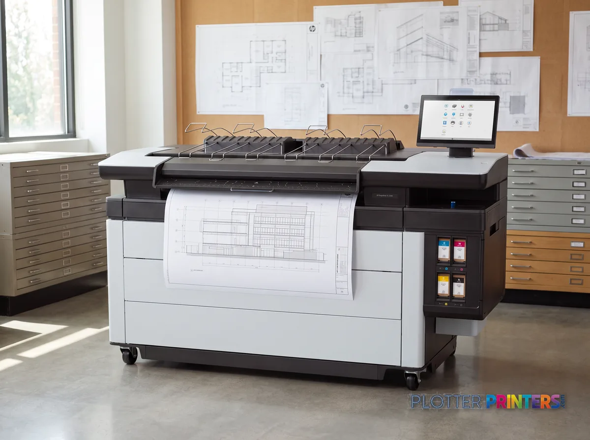 HP PageWide XL 5200 Printer in a plan room beside flat-file drawers, printing a CAD elevation (staged scene from manufacturer product photography)
