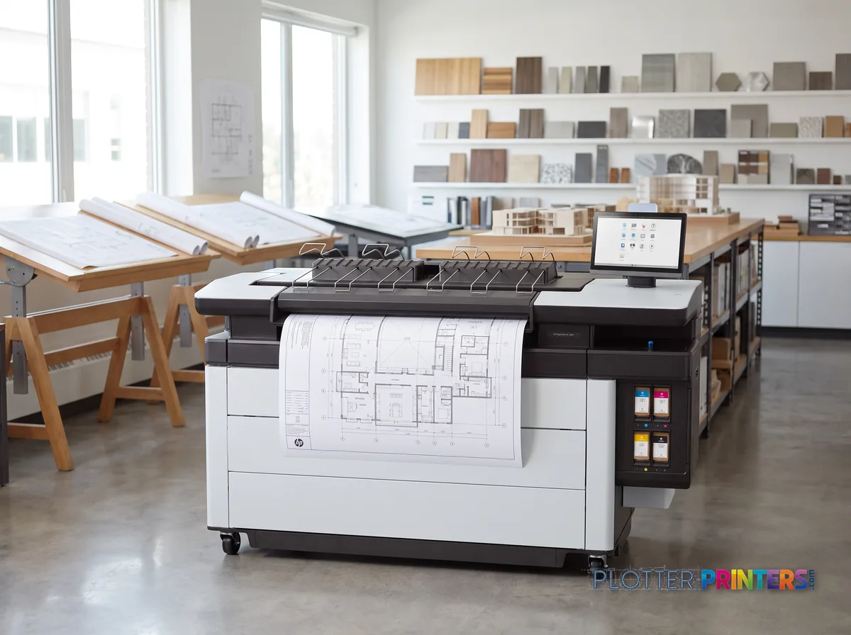 HP PageWide XL 5200 Printer in a bright architecture studio, printing a large floor plan (staged scene from manufacturer product photography)