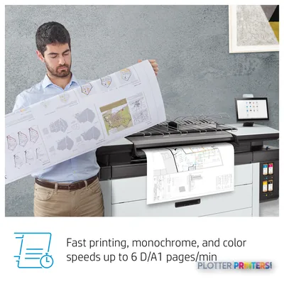 HP PageWide XL 3920 MFP annotated view showing man holding large printed architectural drawings with printer outputting docu…