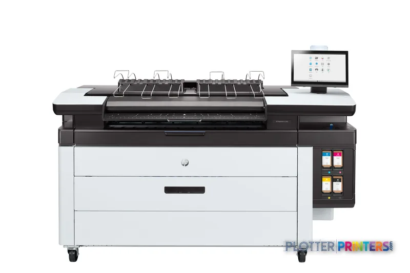 HP PageWide XL 3920 multifunction printer front view with grey and white body, top stacker, and touchscreen display