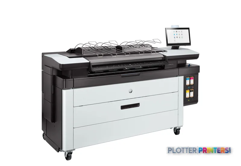 HP PageWide XL 3920 front-right view showing grey and white multifunction printer with top stacker and control panel