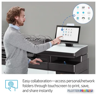 HP PageWide XL 4200 MFP Printer feature callout showing touchscreen interface with collaboration icons