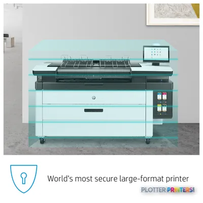HP PageWide XL 4200 MFP Printer annotated view showing key features with turquoise callout lines highlighting the stacker, c…