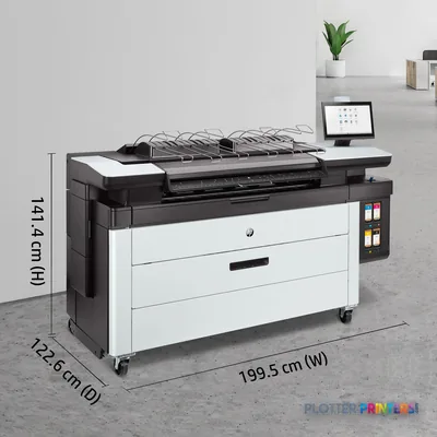 HP PageWide XL 4200 multifunction printer with annotated dimensions showing grey and white color design in office setting