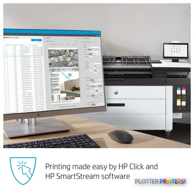 HP PageWide XL 4200 MFP Printer feature callout showing the printer with top stacker in an office workspace