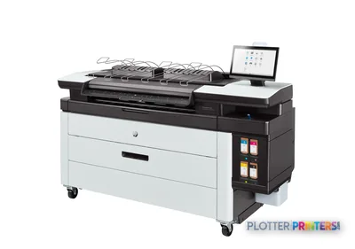 HP PageWide XL 4200 front-left view showing grey and white multifunction printer with top stacker and touchscreen