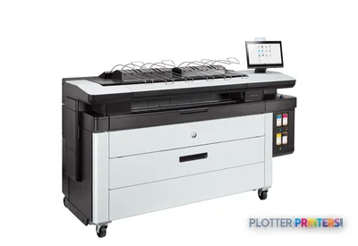 HP PageWide XL 4200 front-right view showing grey and white multifunction printer with top stacker and touchscreen