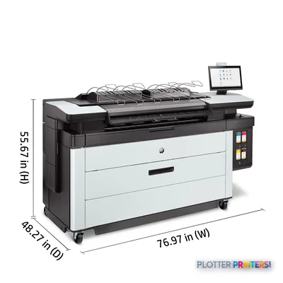 HP PageWide XL 5200 MFP Printer annotated view showing grey and white multifunction printer with touchscreen control panel a…