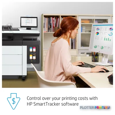 HP PageWide XL 5200 multifunction printer with annotated feature callout showing ink cartridge system and control panel in o…