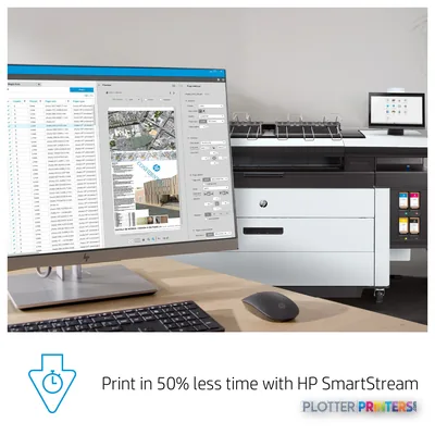 HP PageWide XL 5200 multifunction printer with annotated features, shown in office setting with monitor displaying design so…