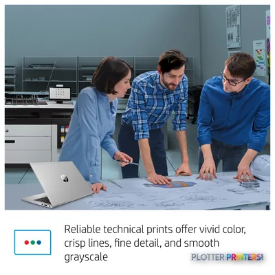 HP PageWide XL 5200 printer in office setting with three professionals reviewing large-format technical prints at a table