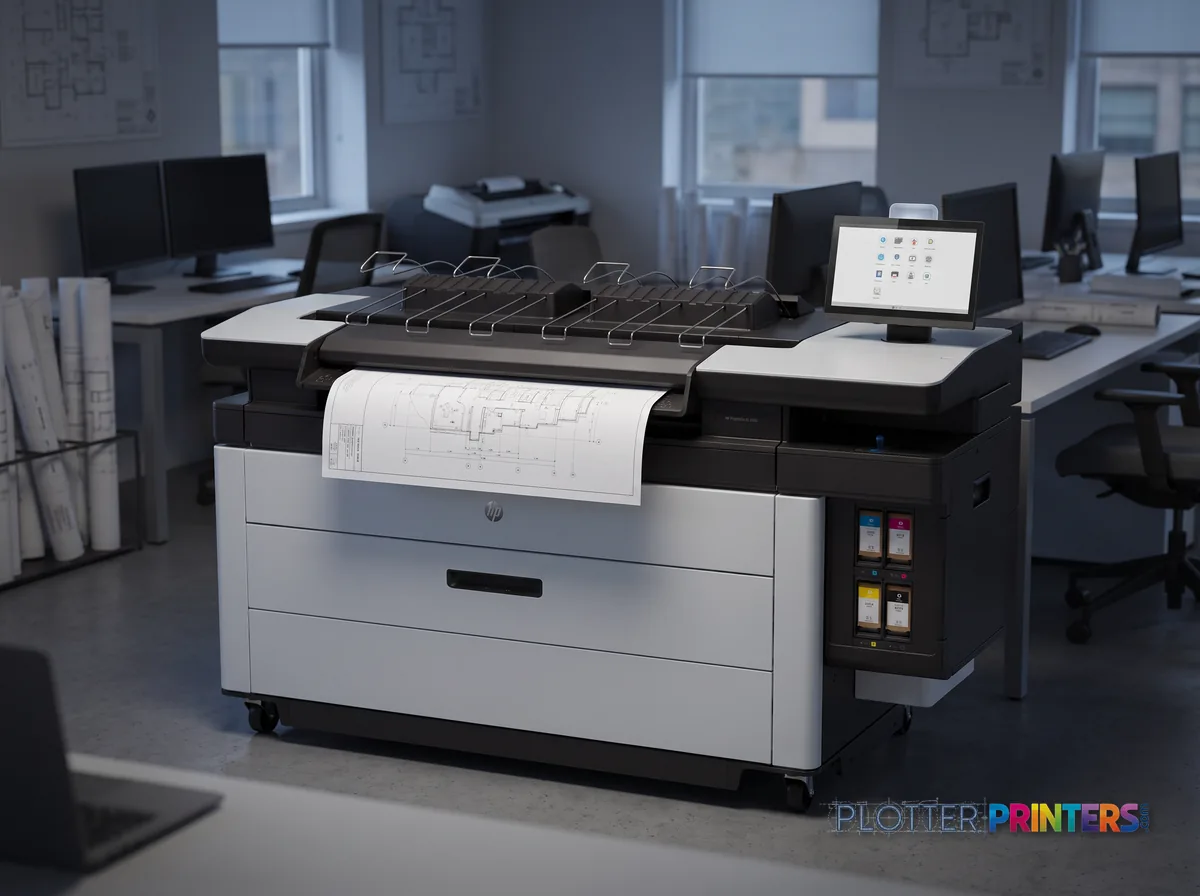HP PageWide XL 5200 MFP Printer in an engineering office with a technical drawing at its print slot (staged scene from manufacturer product photography)