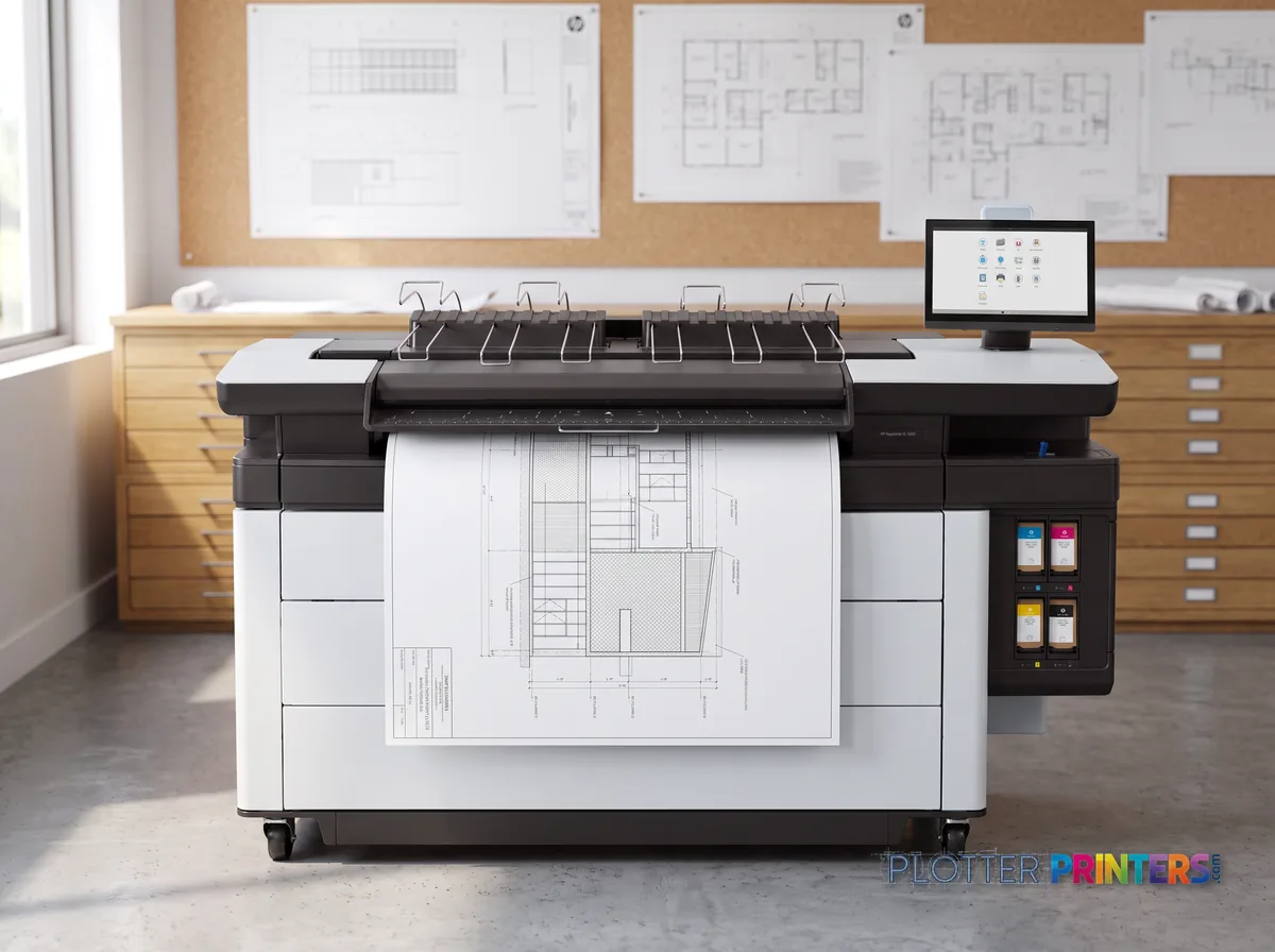 HP PageWide XL 5200 MFP Printer in a plan room beside flat-file drawers, printing a CAD elevation (staged scene from manufacturer product photography)