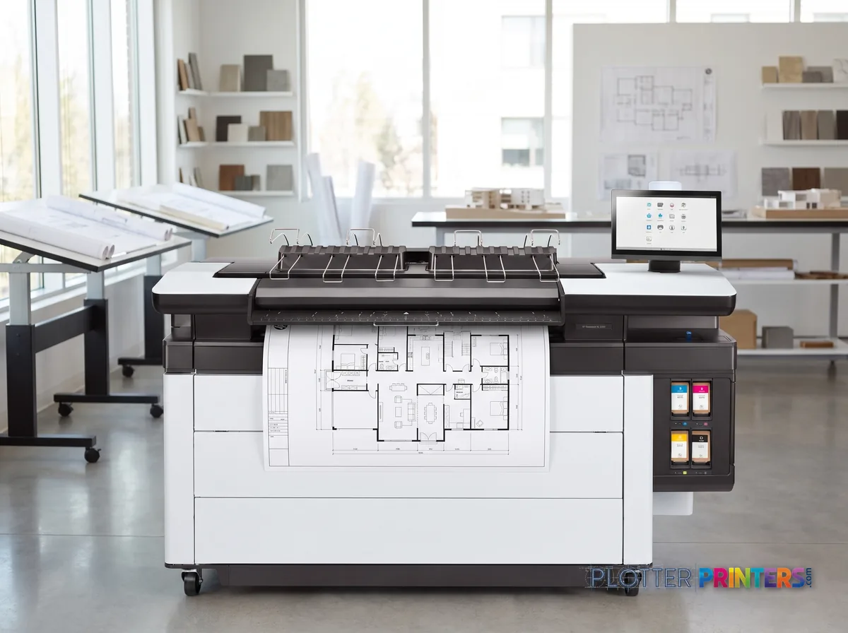 HP PageWide XL 5200 MFP Printer in a bright architecture studio, printing a large floor plan (staged scene from manufacturer product photography)