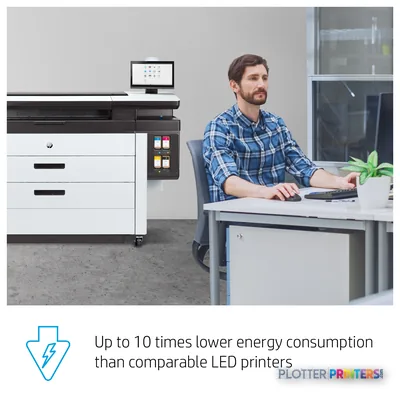 HP PageWide XL 8200 printer with feature callout showing the device in an office workspace with a user at a desk