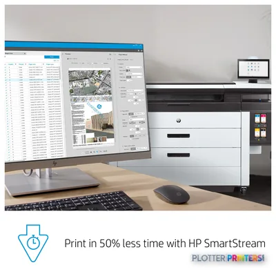 HP PageWide XL 8200 printer with feature callout showing the device in an office setup with monitor and design software