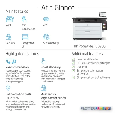 HP PageWide XL 8200 40-inch printer product image with feature callouts showing main specifications and capabilities