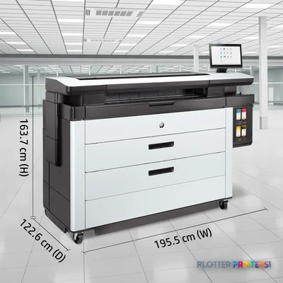 HP PageWide XL 8200 40-in Printer annotated view showing dimensions and touchscreen display in office setting
