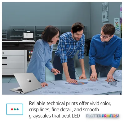 HP PageWide XL 8200 printer with three professionals reviewing large-format technical prints at a table