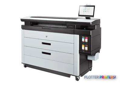 HP PageWide XL 8200 40-in Printer front-left view showing black and white large-format inkjet printer with touchscreen displ…