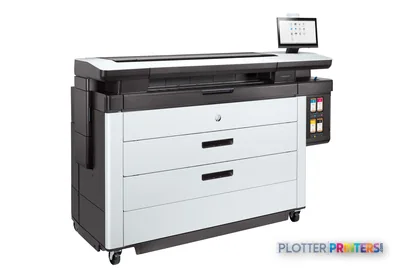 HP PageWide XL 8200 40-in Printer front-right view showing black and white inkjet printer with control panel and touchscreen