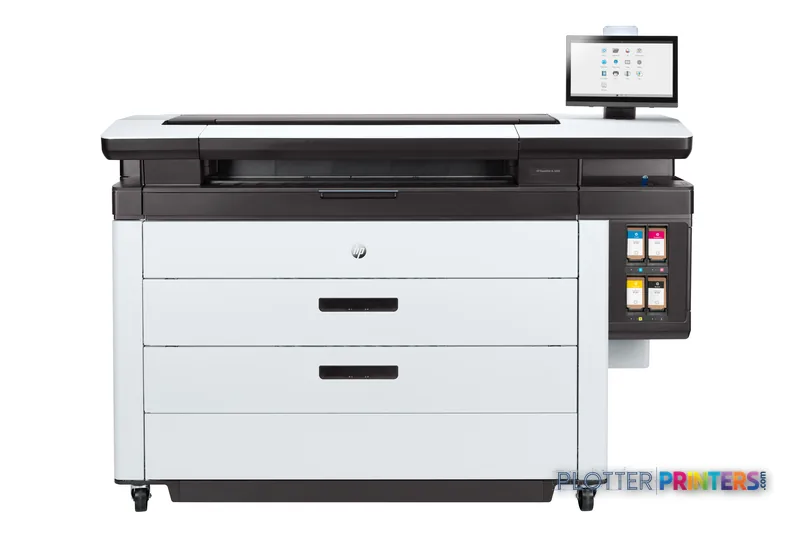HP PageWide XL 8200 40-in Printer front-center view showing black and white large-format inkjet printer with control touchsc…