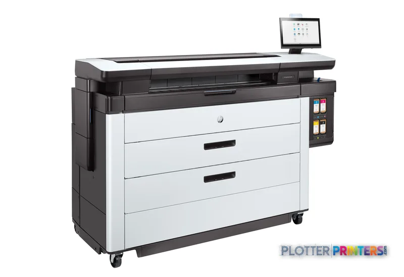 HP PageWide XL 8200 40-in Printer front-right view showing black and white inkjet printer with control panel and touchscreen