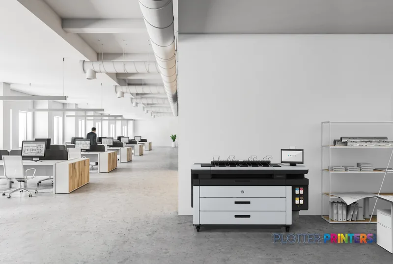 HP PageWide XL 8200 40-in Printer lifestyle image showing white and black printer in modern office workspace