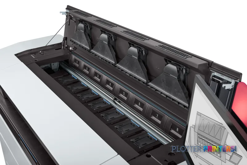 HP PageWide XL 8200 printer open top view showing ink cartridge bay with multiple cartridges installed