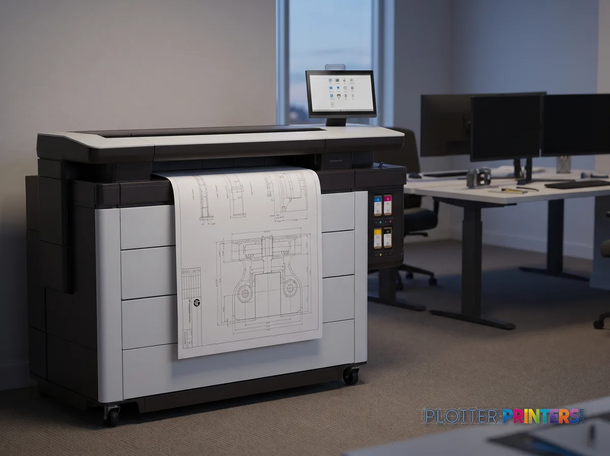 HP PageWide XL 8200 Printer in an engineering office with a technical drawing at its print slot (staged scene from manufacturer product photography)