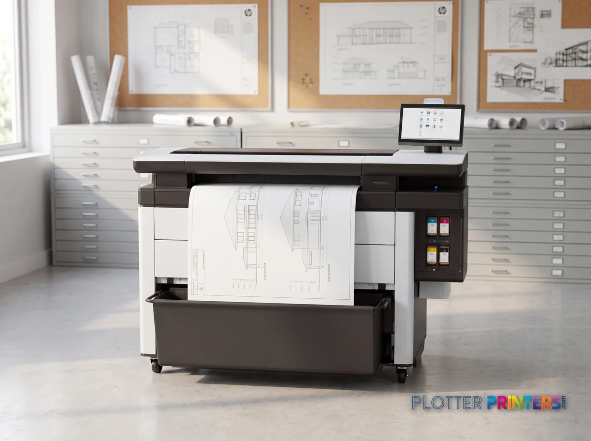 HP PageWide XL 8200 Printer in a plan room beside flat-file drawers, printing a CAD elevation (staged scene from manufacturer product photography)
