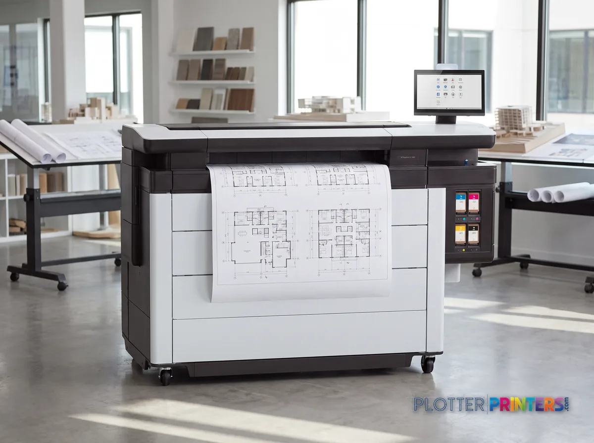 HP PageWide XL 8200 Printer in a bright architecture studio, printing a large floor plan (staged scene from manufacturer product photography)