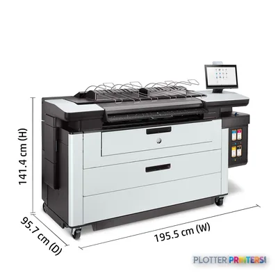 HP PageWide XL Pro 5200 multifunction printer annotated view showing grey and white unit with dimensions and touchscreen con…
