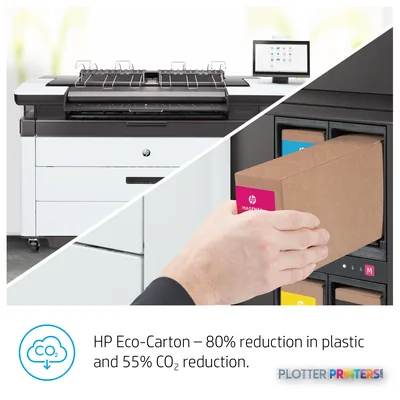 HP PageWide XL Pro 5200 annotated view showing ink cartridge replacement with printer and supply storage in background