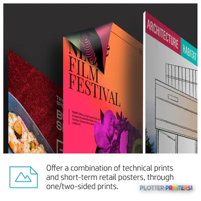 HP PageWide XL Pro 5200 product image showing large-format printed posters including a film festival banner and architecture…