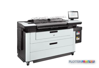 HP PageWide XL Pro 5200 front-right view showing grey and white multifunction printer with output tray and control panel