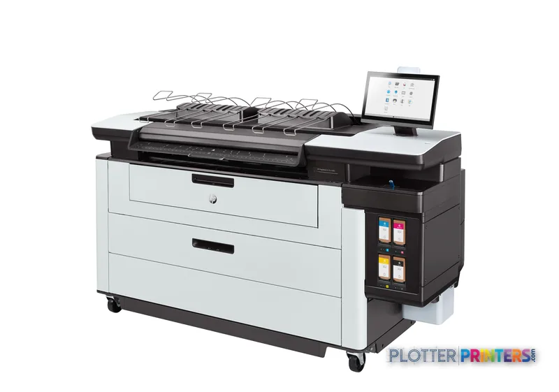 HP PageWide XL Pro 5200 front-left view showing grey and white multifunction printer with control panel and touchscreen